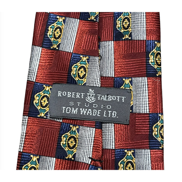 Robert Talbott Studio Mens Tie Red Silver Blue Check‎ Pattern 100% Silk 59"LX4"W - Picture 3 of 5